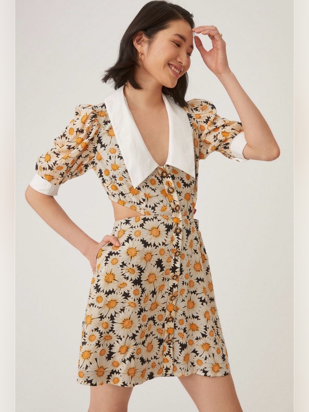Maeve White and Yellow Daisy Cutout Puff Sleeve Mini Dress